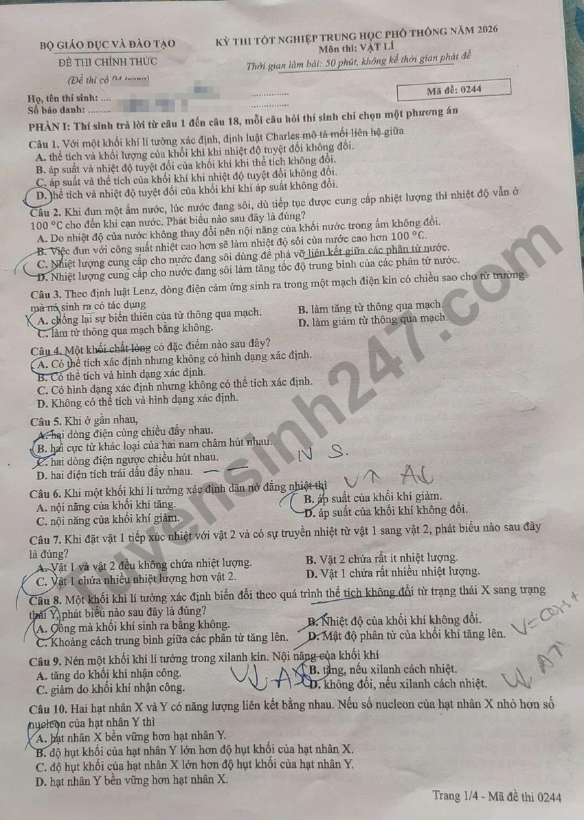 Tra cuu dap an de thi tot nghiep THPT 2026 mon Ly - Ma de 0244