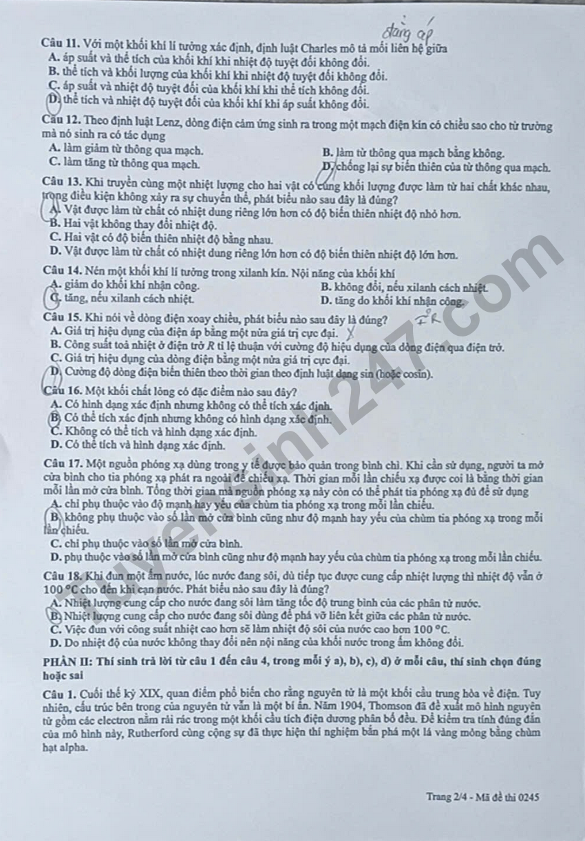 Dap an de thi tot nghiep THPT 2026 mon Ly - Ma de 0245