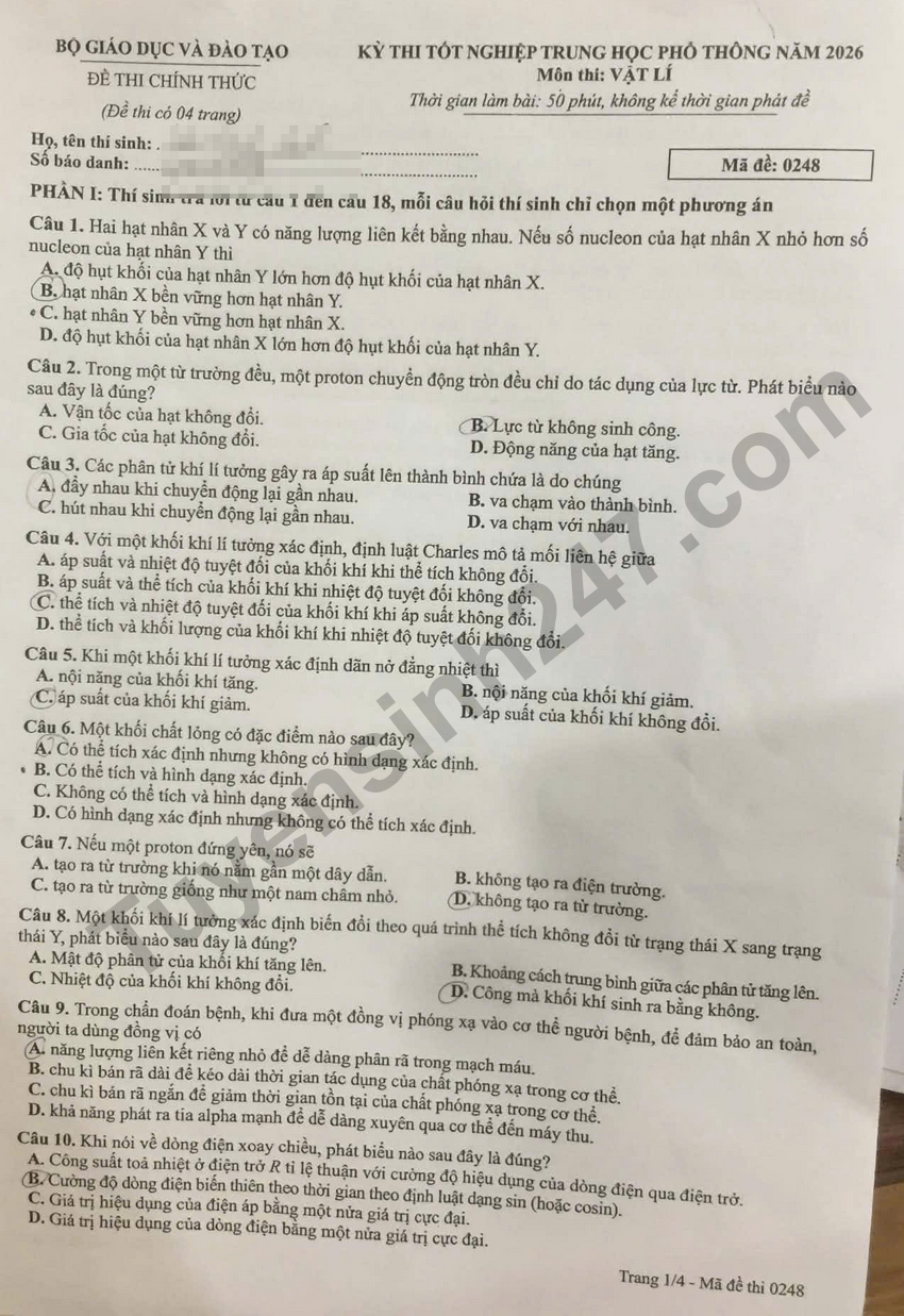 Dap an de thi mon Ly - Ma de 0248 tot nghiep THPT 2026 