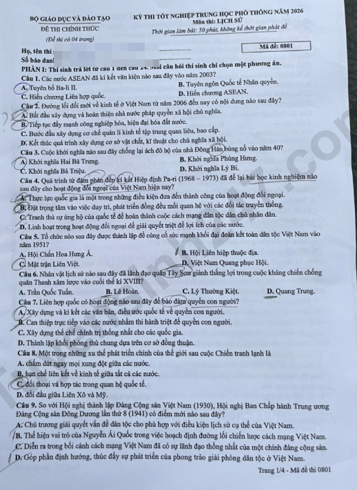 Dap an de thi tot nghiep THPT 2026 mon Su - Ma de 0801