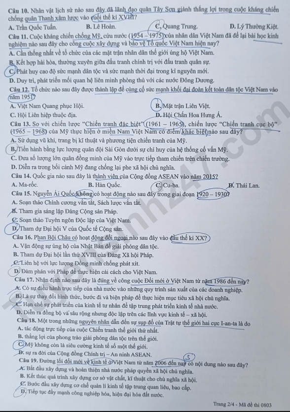 Dap an de thi tot nghiep THPT 2026 mon Su - Ma de 0803