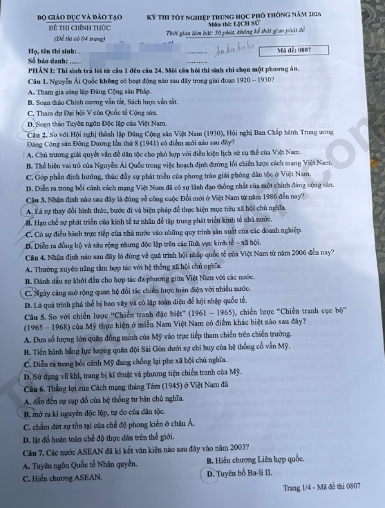 De thi va dap an de thi tot nghiep THPT 2026 mon Su - Ma de 0807