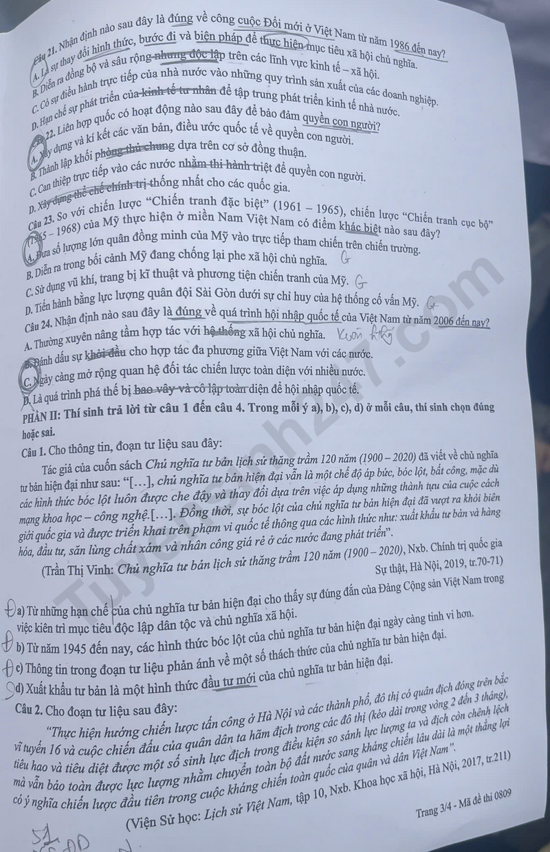 Dap an de thi tot nghiep THPT 2026 mon Su - Tat ca ma de