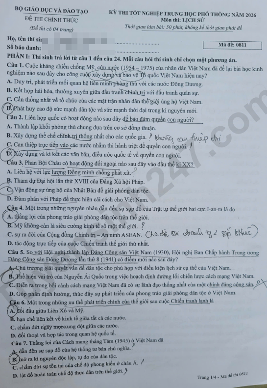 Dap an de thi tot nghiep THPT 2026 mon Su - Ma de 0811