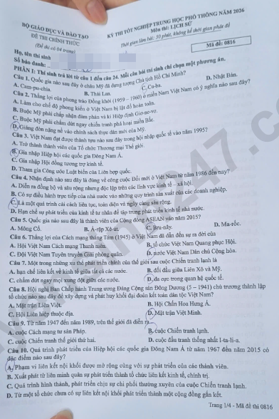 Xem dap an de thi tot nghiep THPT 2026 mon Su ma de 0816
