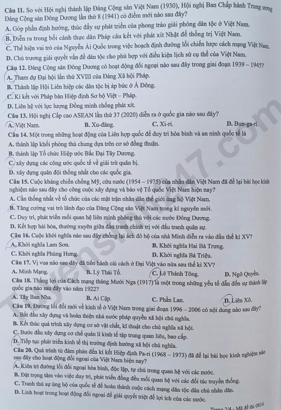 Xem dap an de thi tot nghiep THPT 2026 mon Su ma de 0816