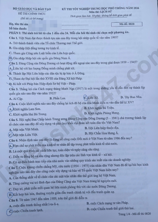 Cap nhat dap an de thi tot nghiep THPT 2026 mon Su - Ma de 0820