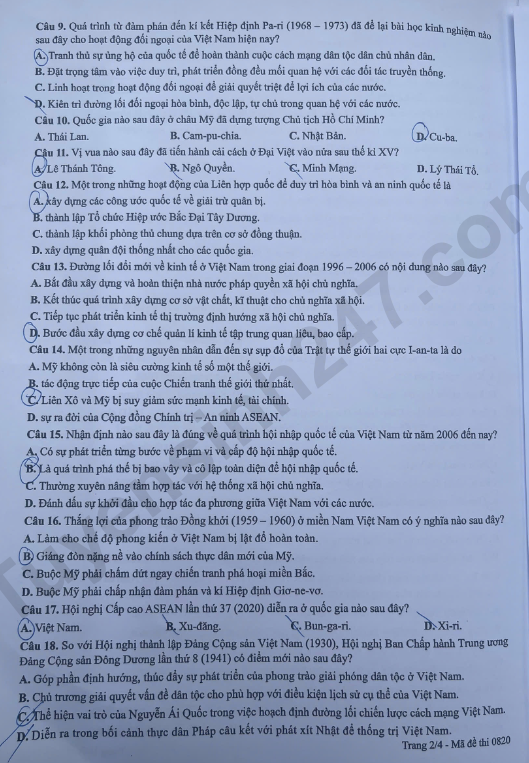 Cap nhat dap an de thi tot nghiep THPT 2026 mon Su - Ma de 0820