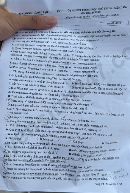 Dap an de thi mon Su - Ma de 0833 tot nghiep THPT 2026 