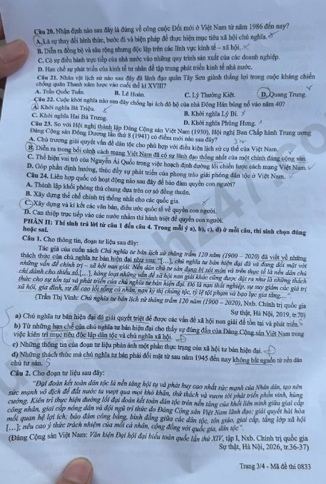 Dap an de thi mon Su - Ma de 0833 tot nghiep THPT 2026 