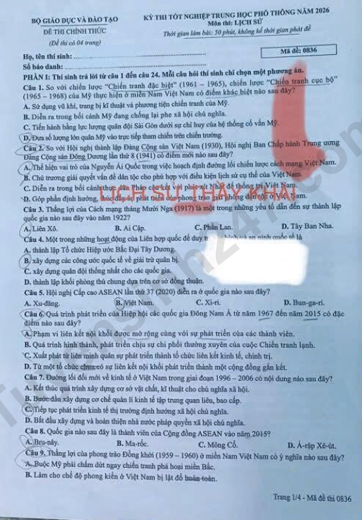 Dap an de thi tot nghiep THPT 2026 mon Su - Ma de 0836 nhanh va chinh xac