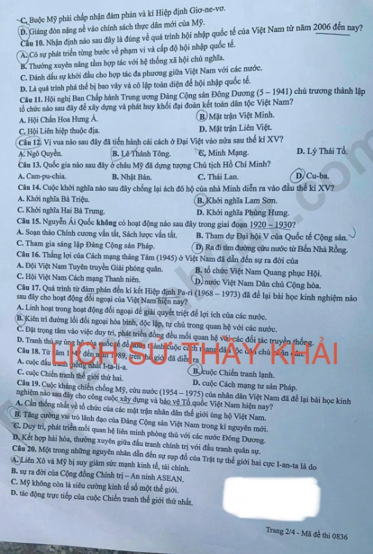 Dap an de thi tot nghiep THPT 2026 mon Su - Ma de 0836 nhanh va chinh xac