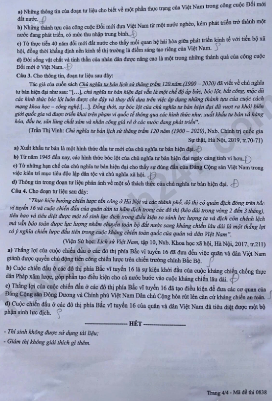Dap an mon Su thi tot nghiep THPT 2026 - Ma de 0838