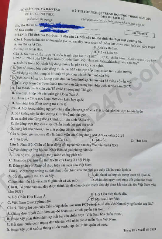 Dap an de thi tot nghiep THPT 2026 mon Su- Ma de 0839