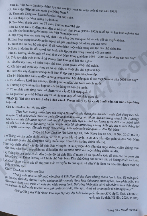 Xem dap an de thi tot nghiep THPT 2026 mon Su ma de 0840