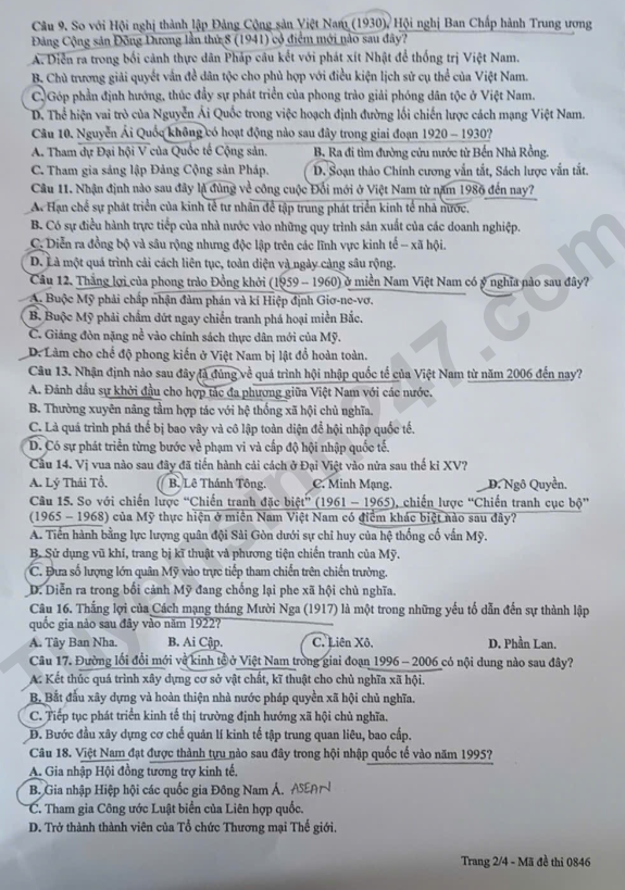 De thi va dap an mon Su tot nghiep THPT 2026 - Ma de 0846