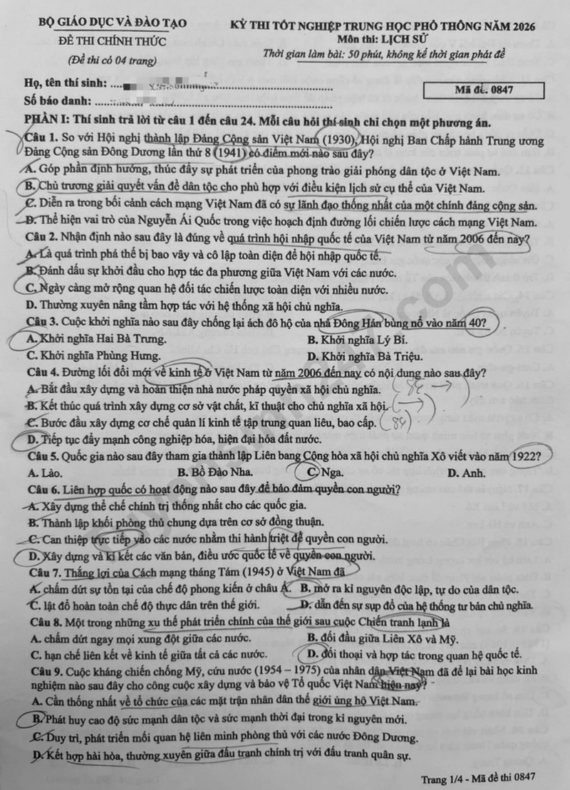 Dap an de thi tot nghiep THPT 2026 mon Su ma de 0847 chi tiet nhat
