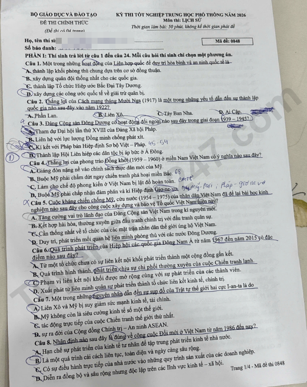 Cap nhat dap an de thi tot nghiep THPT 2026 mon Su - Ma de 0848