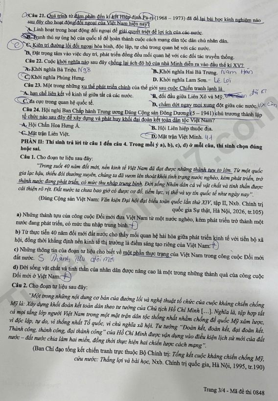 Cap nhat dap an de thi tot nghiep THPT 2026 mon Su - Ma de 0848