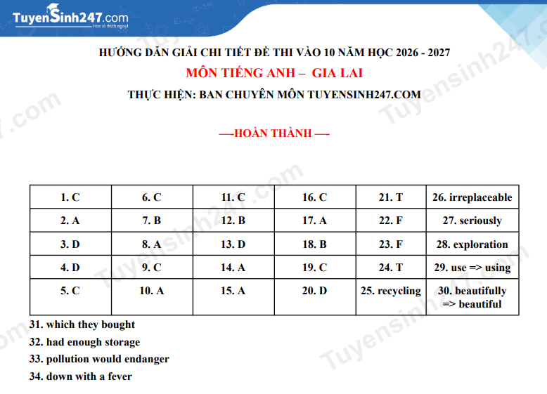 Dap an de thi vao lop 10 - Gia Lai mon Anh 2026