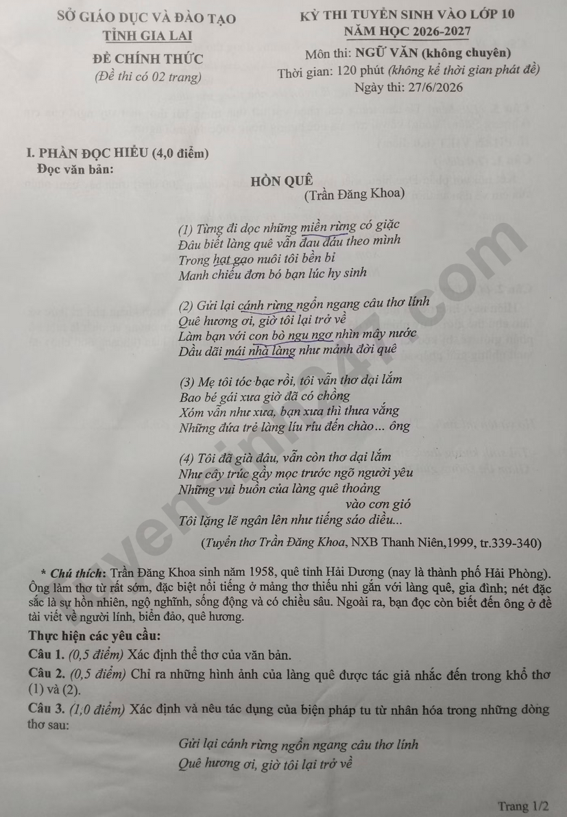 Dap an de thi vao lop 10 mon Van - Gia Lai 2026