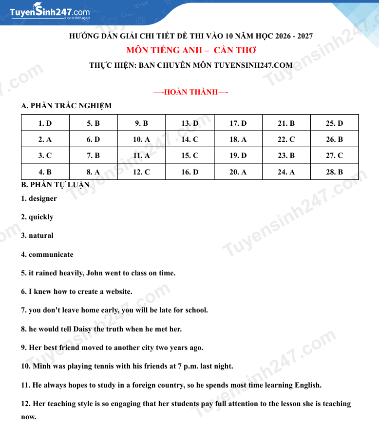 Dap an de thi vao lop 10 mon Anh 2026 - Can Tho