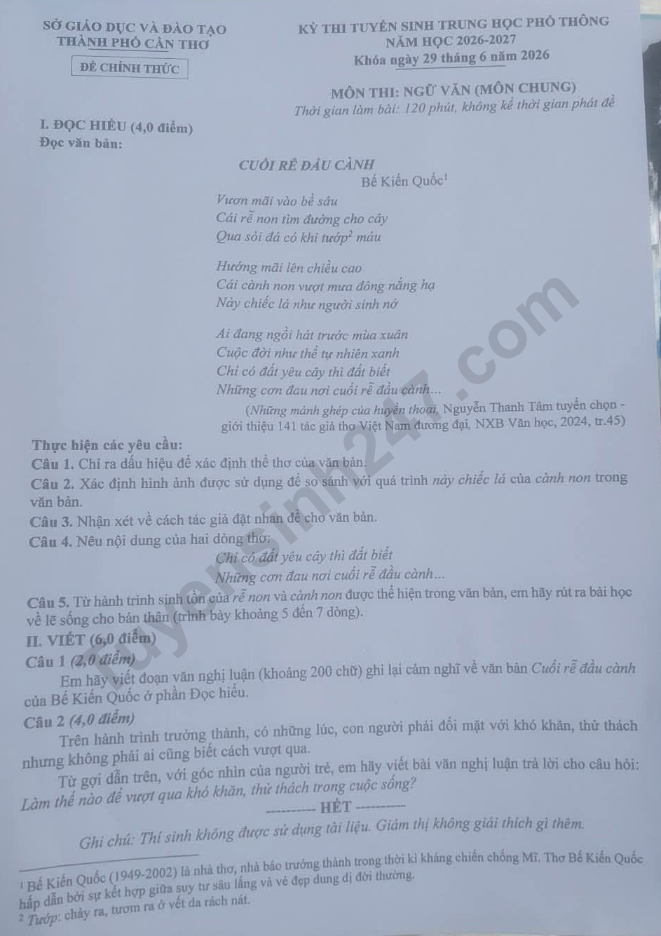 Dap an de thi vao lop 10 mon Van - Can Tho 2026