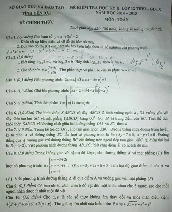 De thi hoc ki 2 lop 12 mon Toan tinh Yen Bai nam 2015
