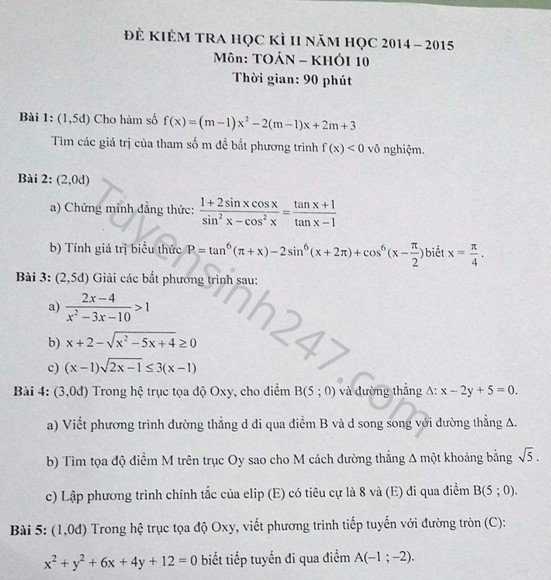 De thi hoc ki 2 lop 10 mon Toan nam 2015