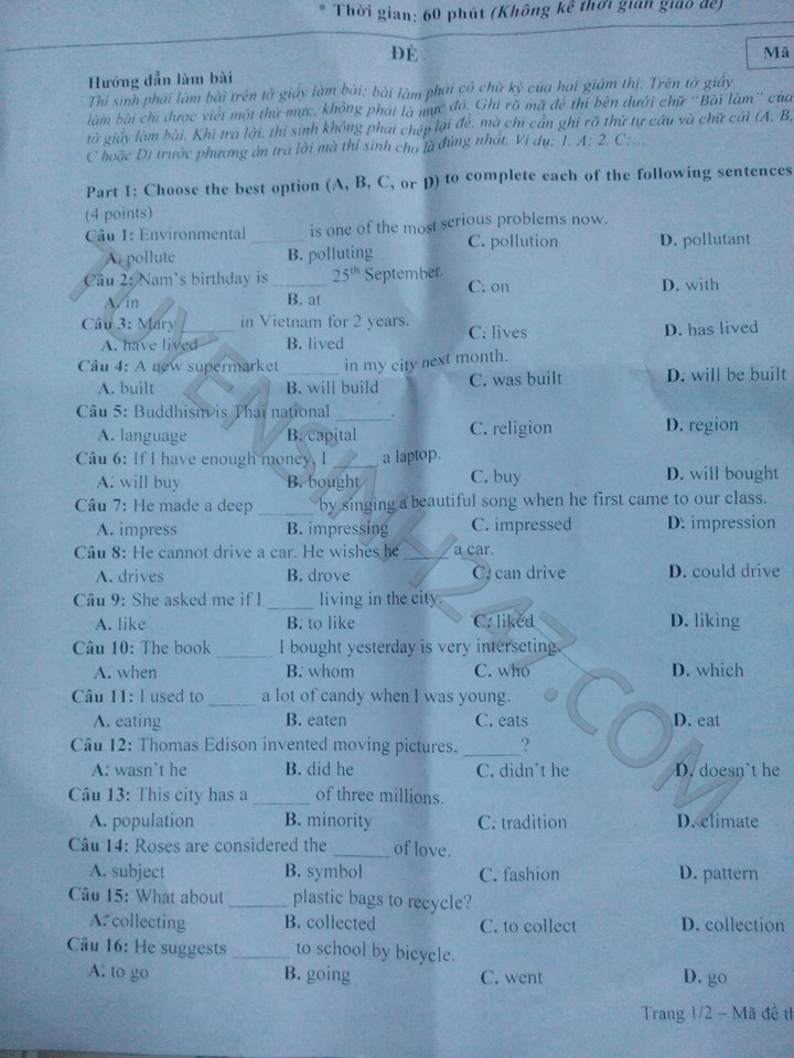 De thi vao lop 10 mon Tieng Anh tinh Bac Lieu nam 2015