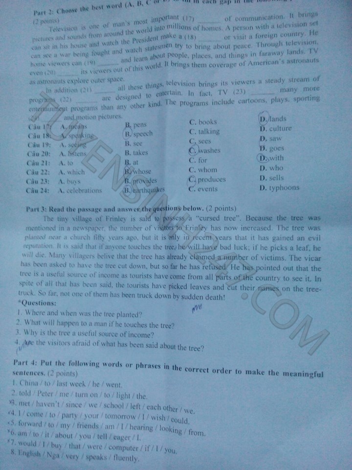 De thi vao lop 10 mon Tieng Anh tinh Bac Lieu nam 2015