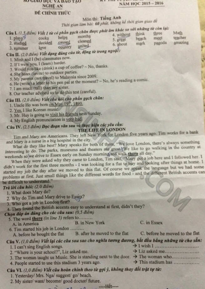De thi vao lop 10 mon Tieng Anh tinh Nghe An nam 2015