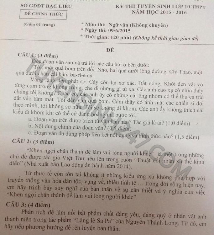 De thi tuyen sinh vao lop 10 mon Van tinh Bac Lieu nam 2015
