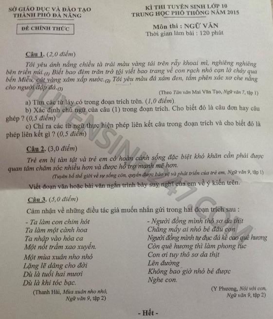 Dap an de thi vao lop 10 mon Van Da Nang nam 2015