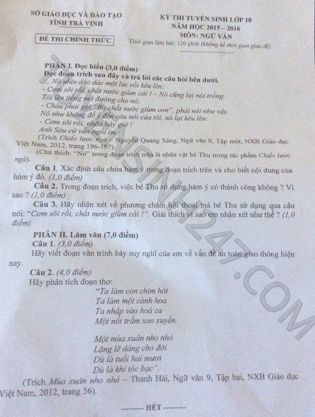 De thi vao lop 10 mon Van tinh Tra Vinh nam 2015