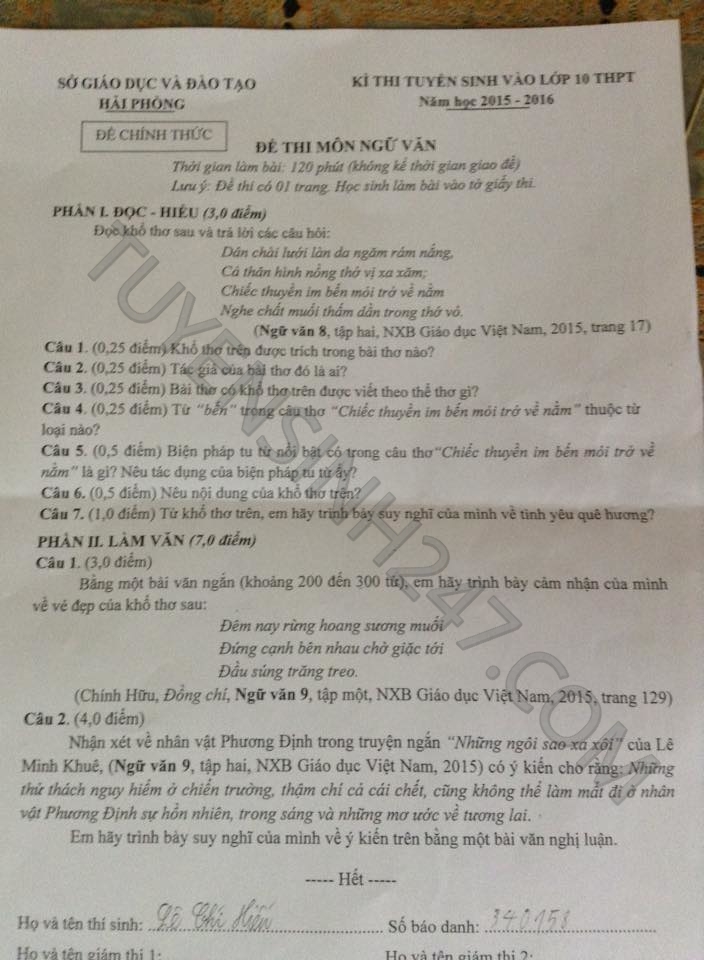 Dap an de thi vao lop 10 mon Van Hai Phong nam 2015