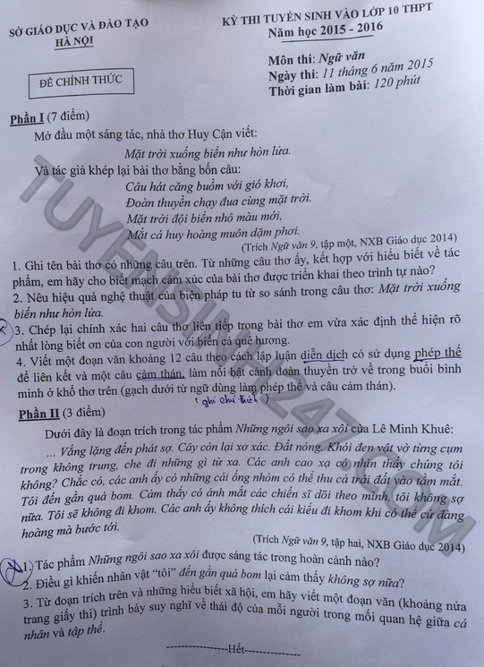 Dap an de thi vao lop 10 mon Van Ha Noi nam 2015