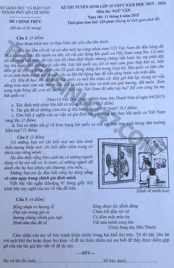 Dap an de thi vao lop 10 mon Van TPHCM nam 2015