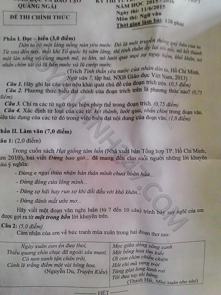 De thi vao lop 10 mon Van tinh Quang Ngai nam 2015