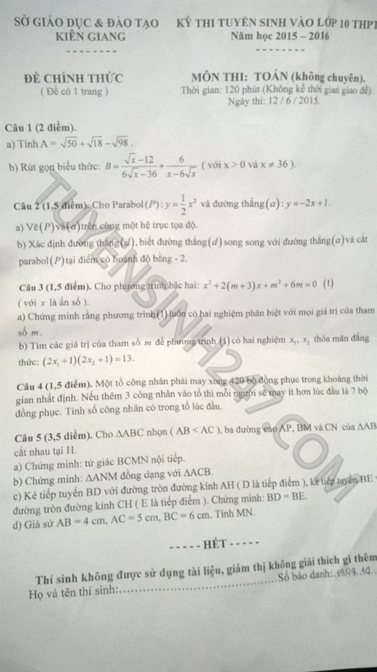 De thi vao lop 10 mon Toan tinh Kien Giang nam 2015