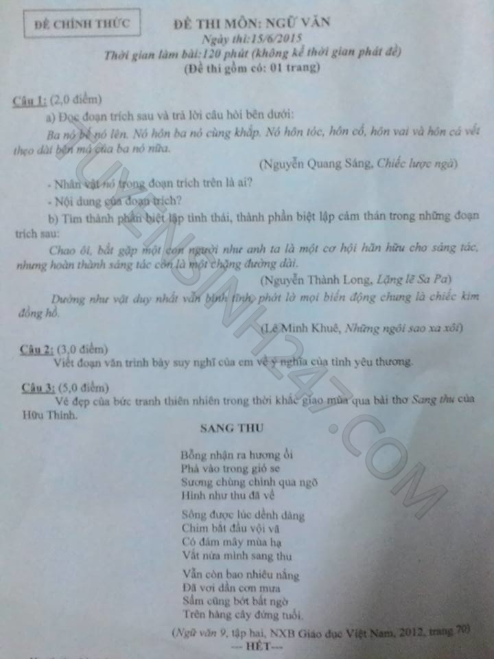 De thi vao lop 10 mon Van tinh Dong Thap nam 2015