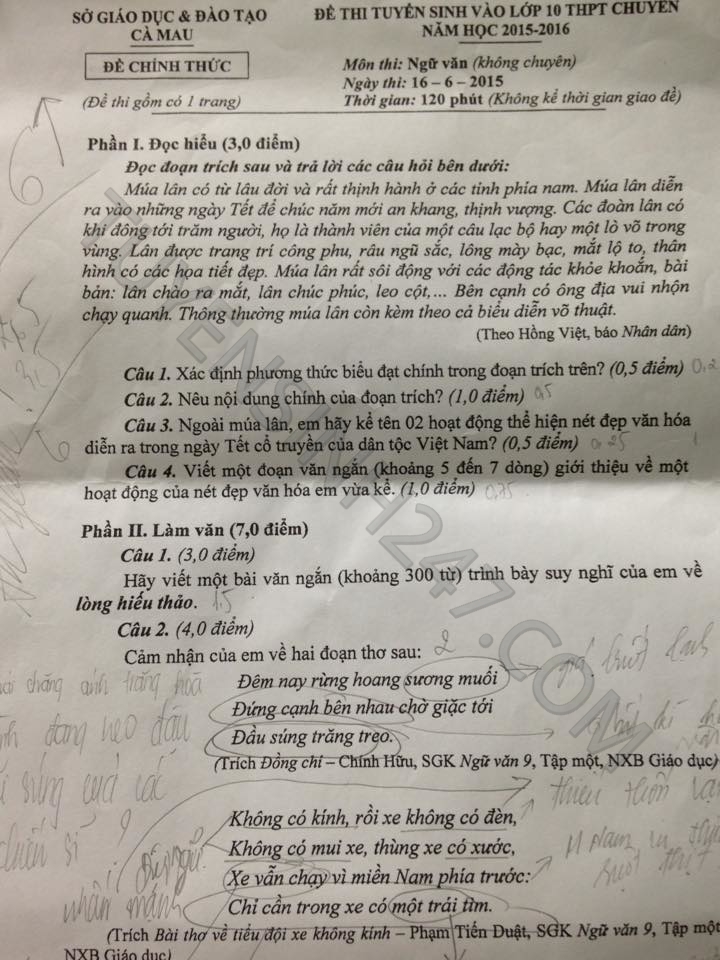 De thi vao lop 10 chuyen mon Van chung tinh Ca Mau nam 2015