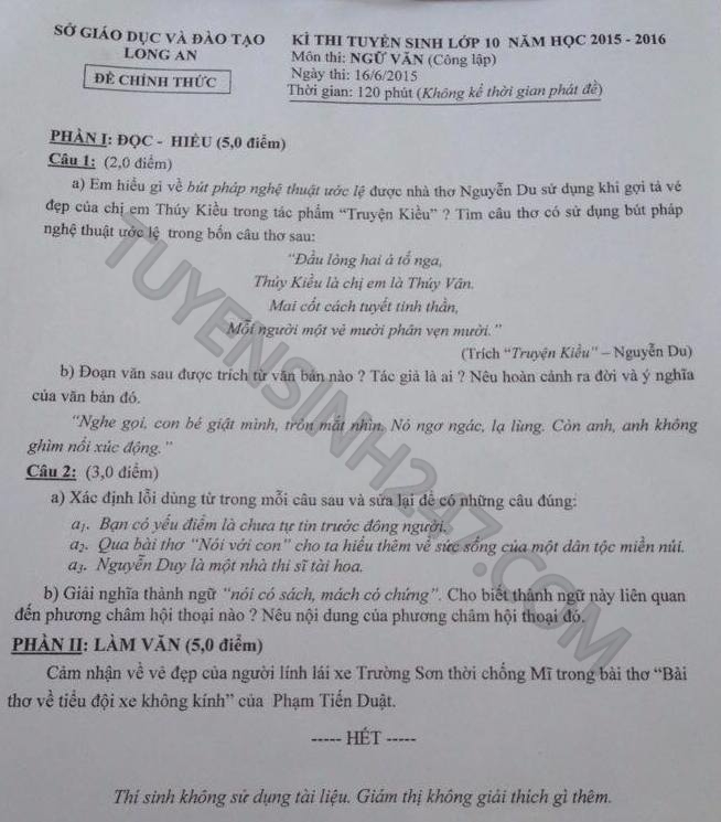 De thi vao lop 10 mon Van Long An nam 2015