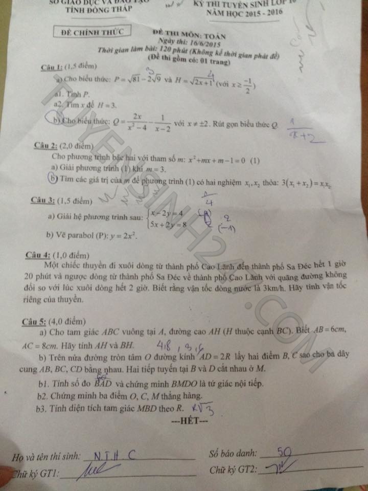 De thi vao lop 10 mon Toan tinh Dong Thap nam 2015