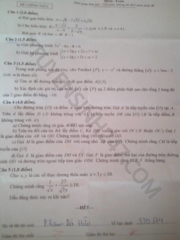 De thi vao lop 10 mon Toan tinh Ha Nam nam 2015