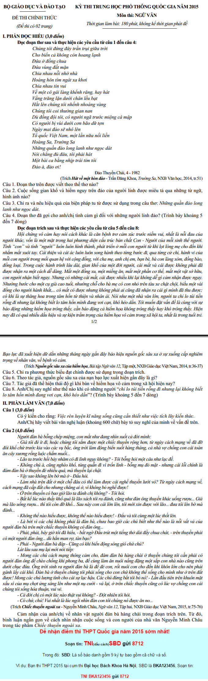 Dap an de thi mon Van THPT Quoc gia 2015