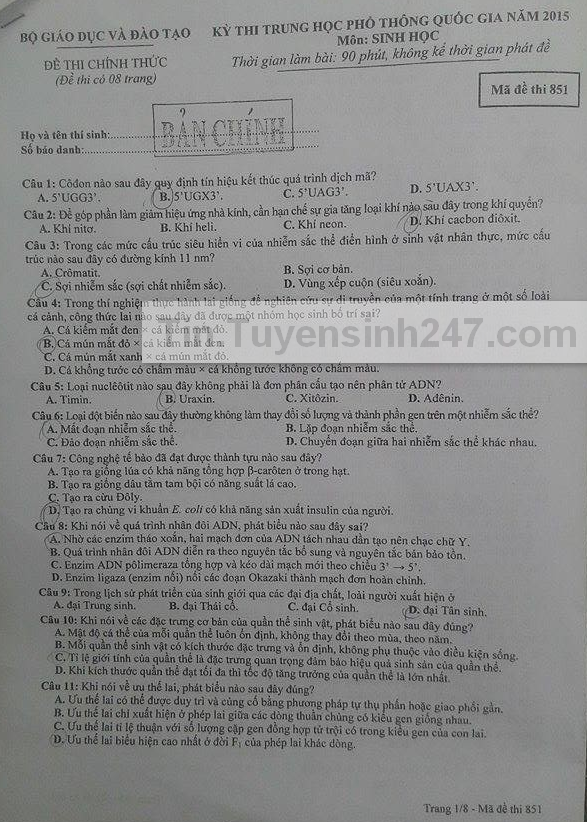 Dap an de thi mon Sinh THPT Quoc gia nam 2015