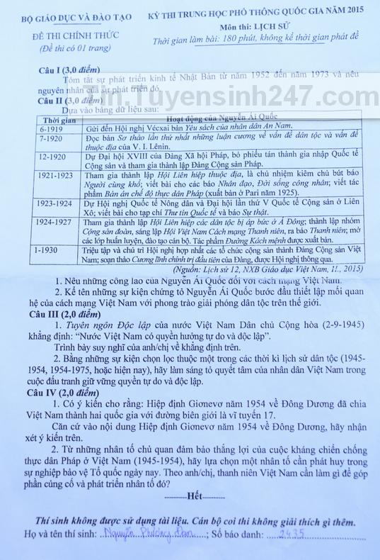 Dap an de thi mon Su THPT Quoc gia nam 2015