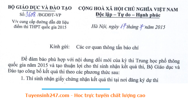 Giay bao diem thi thpt QG 2015 som nhat 28/07 toi HS