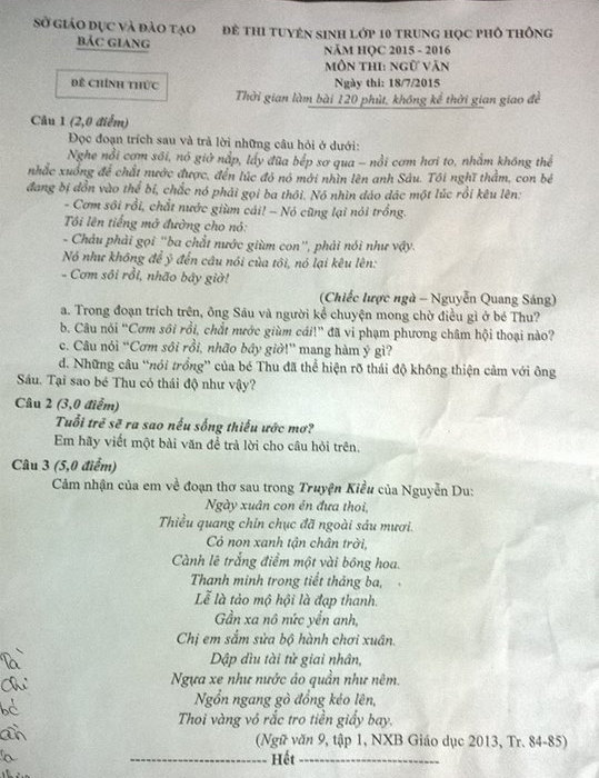 De thi vao lop 10 mon Van tinh Bac Giang 2015